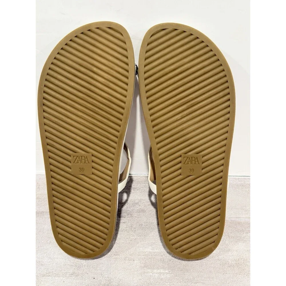 Zara Flat Leather Sandals with Metallic Bead - White EUR 39 US 8 - NWOT - Picture 15 of 16